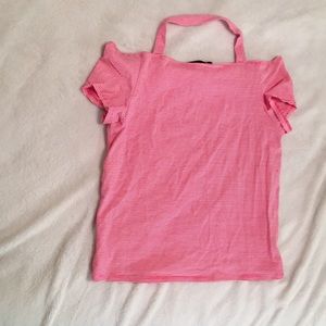 pink striped off the shoulder top